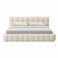 Lit double rembourré sans matelas avec sommier à lattes 140x200 cm, tête de lit capitonnée, pour chambre adulte ou d'amis en lin
