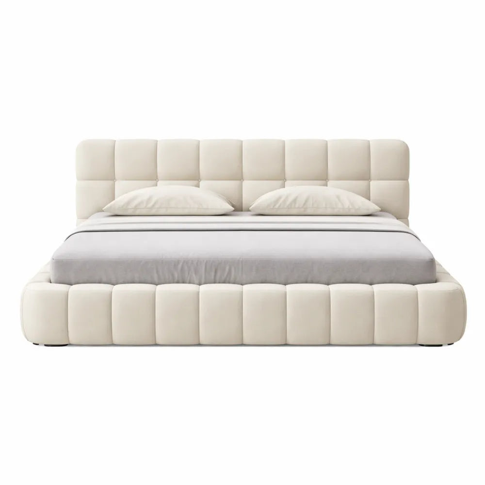 Lit double rembourré sans matelas avec sommier à lattes 140x200 cm, tête de lit capitonnée, pour chambre adulte ou d'amis en lin