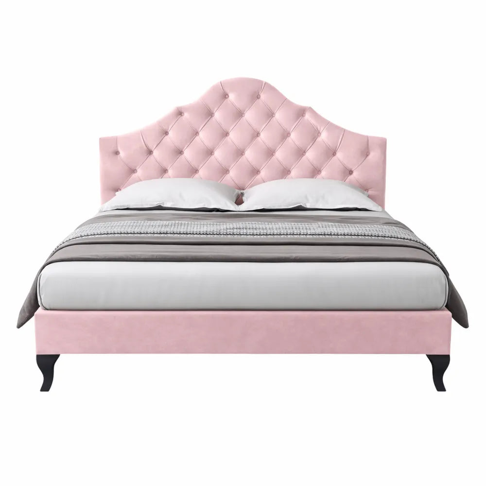 Lit double en velours rose avec sommier à lattes et tête réglable