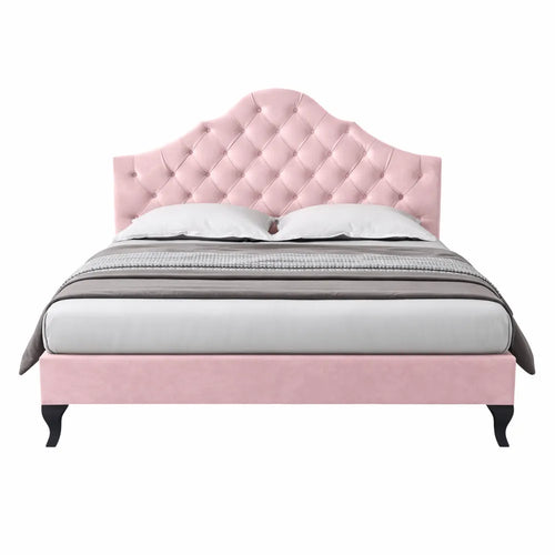 Lit double en velours rose avec sommier à lattes et tête réglable