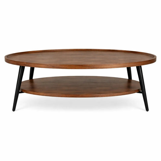 Table basse ovale moderne avec étagères à deux niveaux
