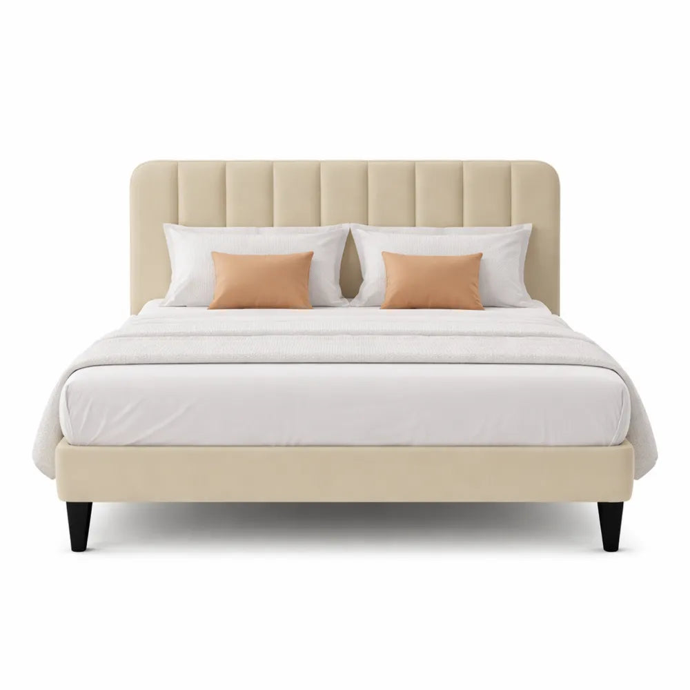 Cadre de Lit Double en Velours Beige avec Lattes en Bois, Facile à Monter