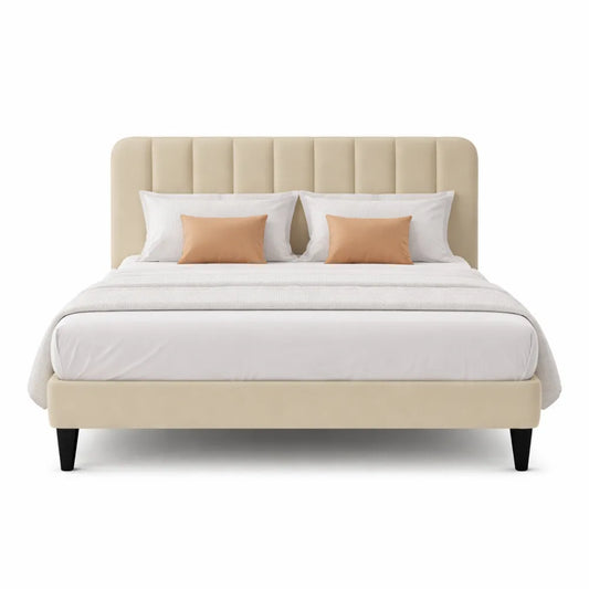Cadre de Lit Double en Velours Beige avec Lattes en Bois, Facile à Monter