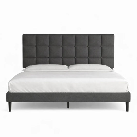 Lit double rembourré avec tête et sommier, 140 x 200 cm, hauteur 30 cm, gris foncé
