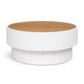 Table basse coffre scandinave avec rangement intégré, blanc et bois, diamètre 55 cm