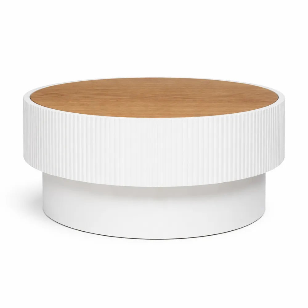 Table basse coffre scandinave avec rangement intégré, blanc et bois, diamètre 55 cm