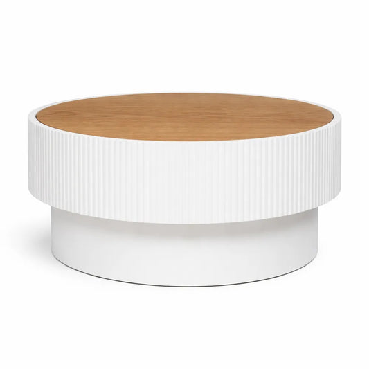 Table basse coffre scandinave avec rangement intégré, blanc et bois, diamètre 55 cm