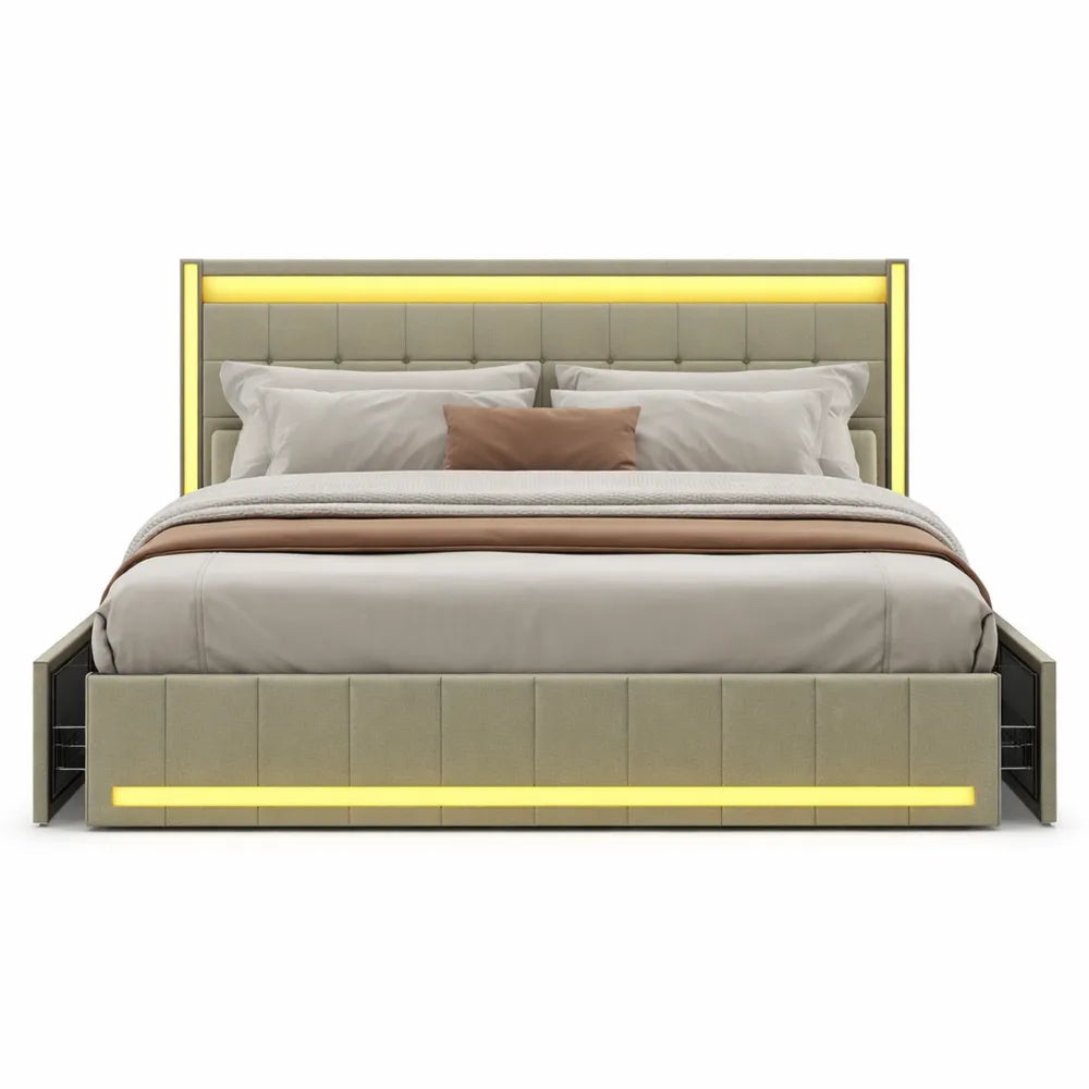 Lit double gris foncé avec tiroirs et LED intégrées