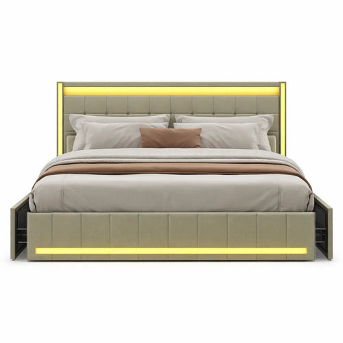 Lit double gris foncé avec tiroirs et LED intégrées