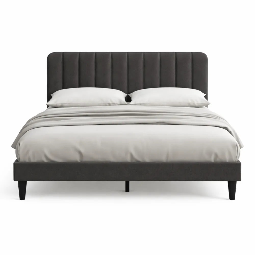 Lit double en velours avec tête réglable et support en bois