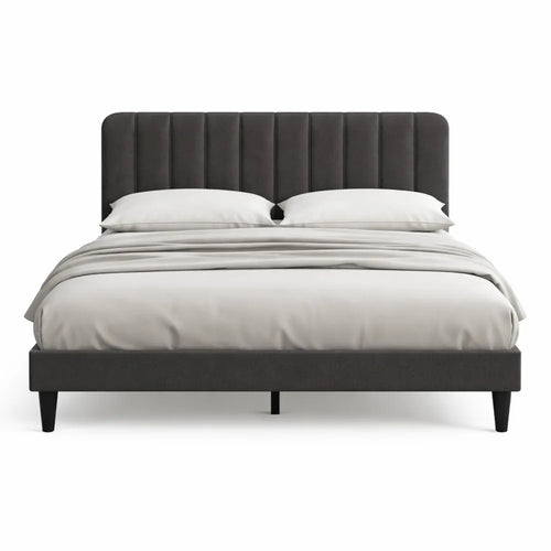 Lit double en velours avec tête réglable et support en bois