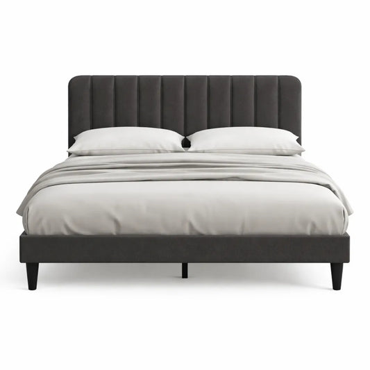 Lit double en velours avec tête réglable et support en bois