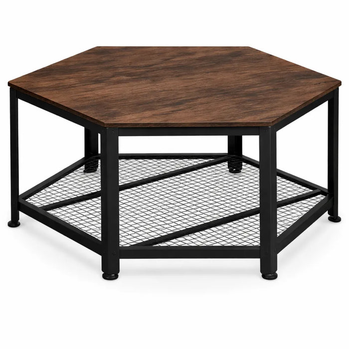 Table basse hexagonale industrielle à 2 niveaux en bois