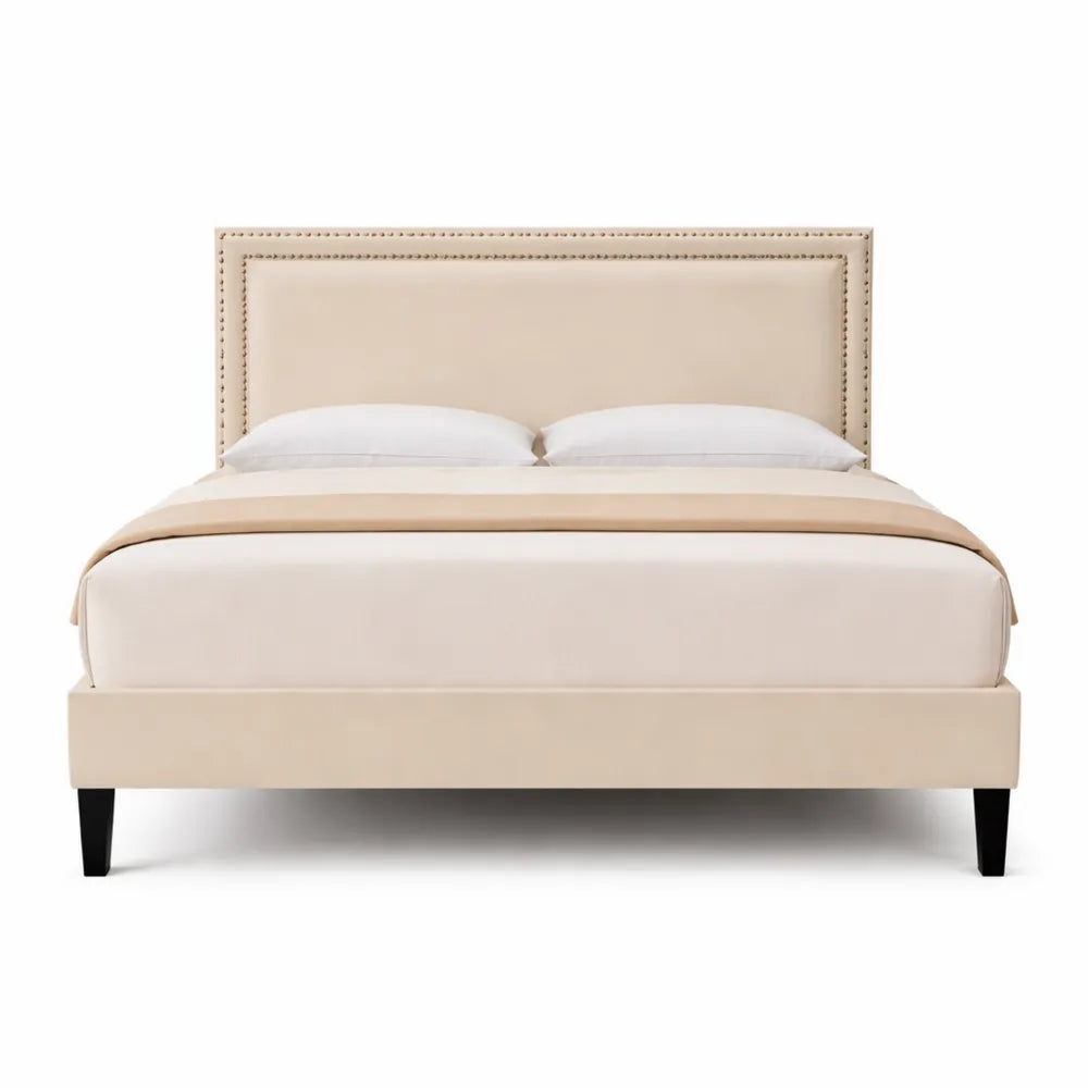 Lit double 140x190 cm avec sommier à lattes en bois, tissu velours beige, assemblage facile