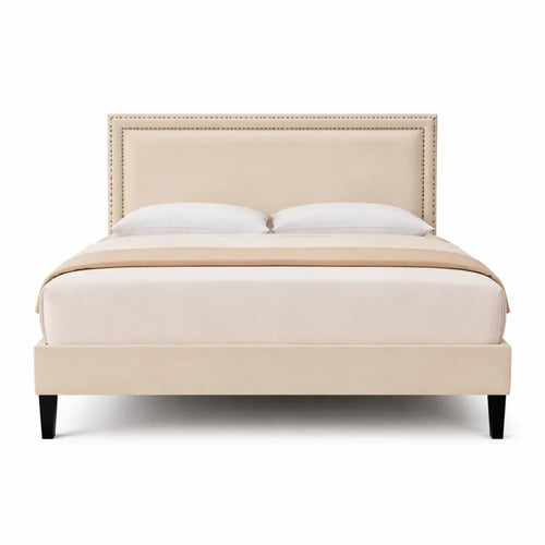 Lit double 140x190 cm avec sommier à lattes en bois, tissu velours beige, assemblage facile