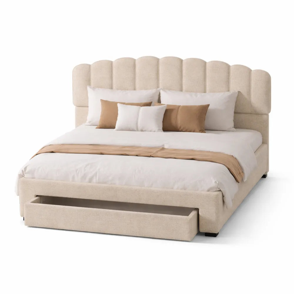 Cadre de lit double avec rangement et ports USB, velours beige