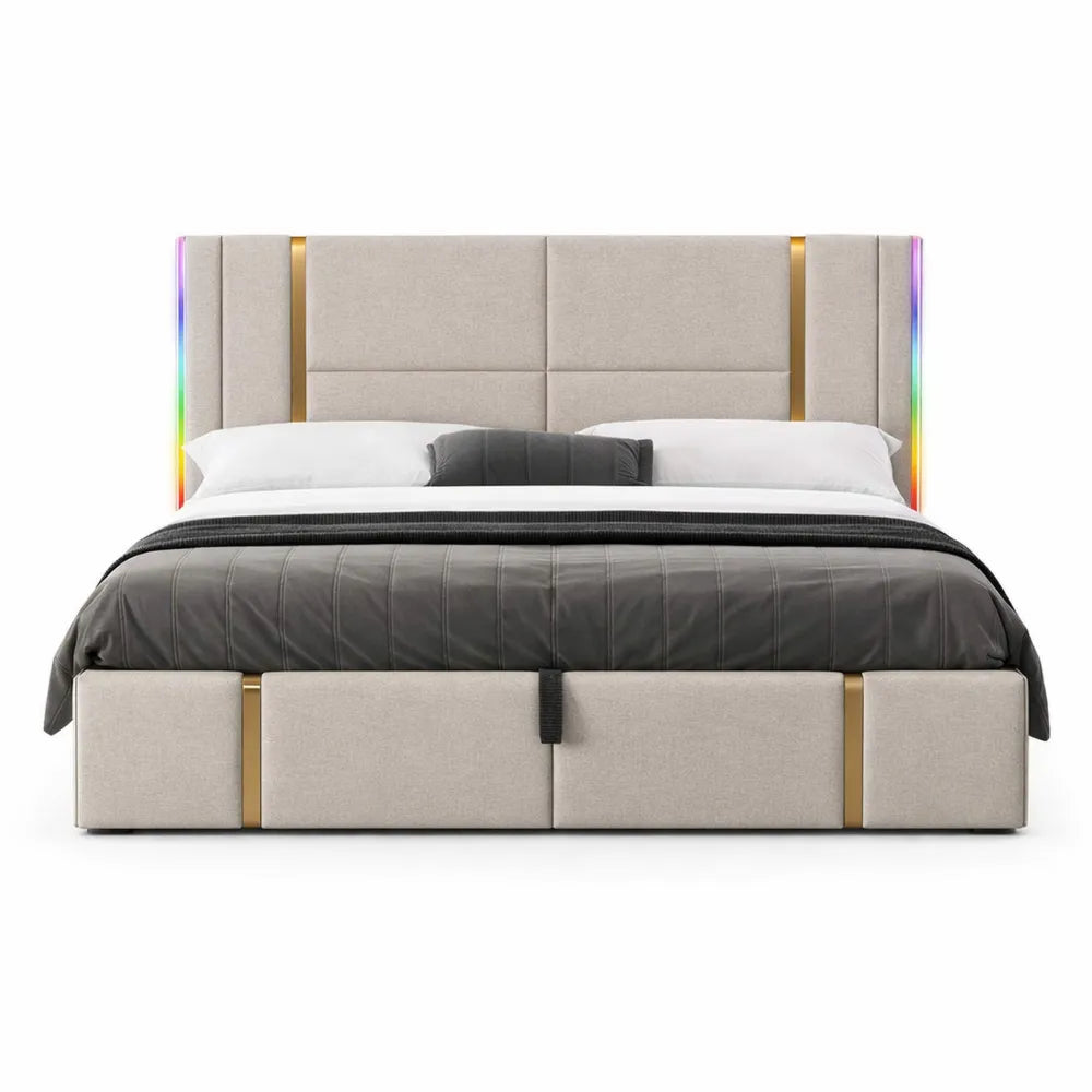 Lit double moderne avec LED et ports USB, rangement intégré 160x200 cm