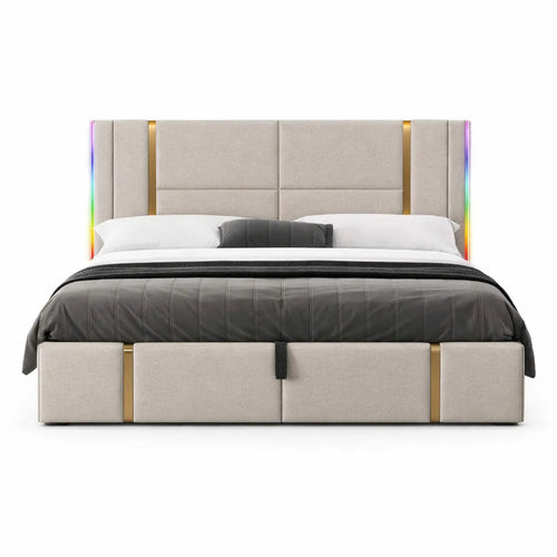 Lit double moderne avec LED et ports USB, rangement intégré 160x200 cm
