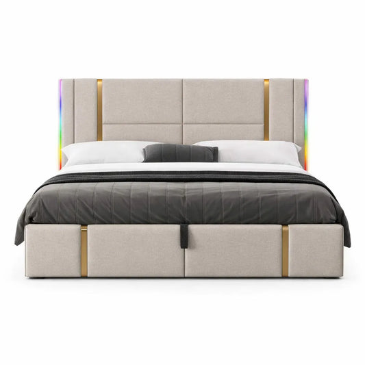 Lit double moderne avec LED et ports USB, rangement intégré 160x200 cm